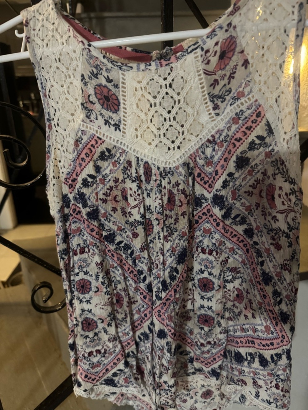 Rewind Cream Crochet Yoke Floral Print Camisole in Pink and Navy